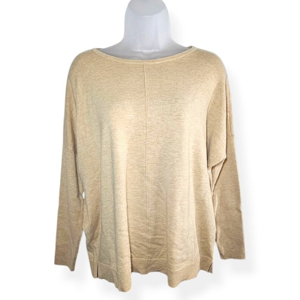 Center Seam Cashmere Blend Ribbed Sleeve Khaki Biege Sweater Womens Chicos Sz 1